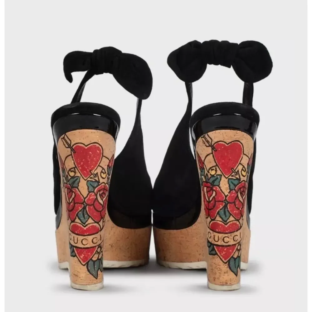 Gucci Black Suede Printed Wedge Sandals - EU 35